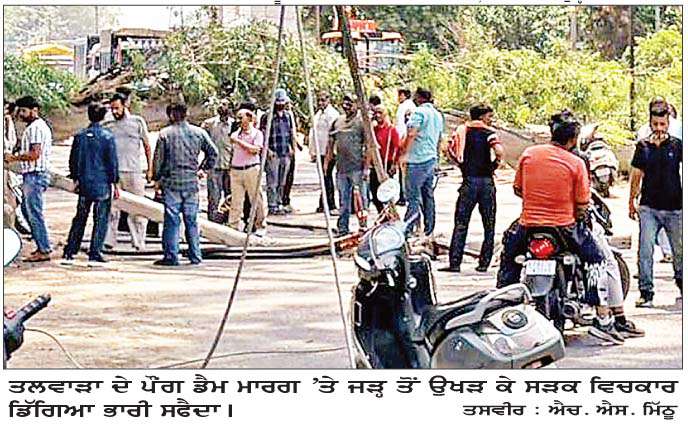  ਤਲਵਾੜਾ 'ਚ ਵੱਡਾ ਰੁੱਖ ਡਿੱਗਣ ਨਾਲ ਮੇਨ ਬਾਜ਼ਾਰ ਤੇ ਰਿੰਗ ਰੋਡ 'ਤੇ ਲੱਗਿਆ ਲੰਬਾ ਜਾਮ
ਬੀ.ਬੀ.ਐਮ.ਬੀ. ਤੇ ਜੰਗਲਾਤ ਵਿਭਾਗ ਦੀ ਲਾਪਰਵਾਹੀ ਆਈ ਸਾਹਮਣੇ-ਆਸ਼ੂ ਅਰੋੜਾ  