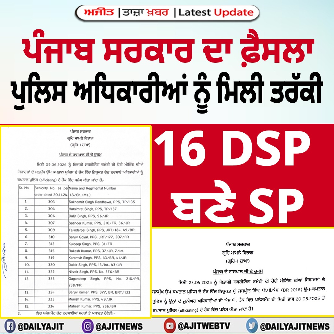 ਪੰਜਾਬ ਸਰਕਾਰ ਨੇ 16 ਡੀ.ਐਸ.ਪੀਜ਼ ਨੂੰ ਤਰੱਕੀ ਦੇ ਕੇ ਬਣਾਇਆ ਐਸ.ਪੀ