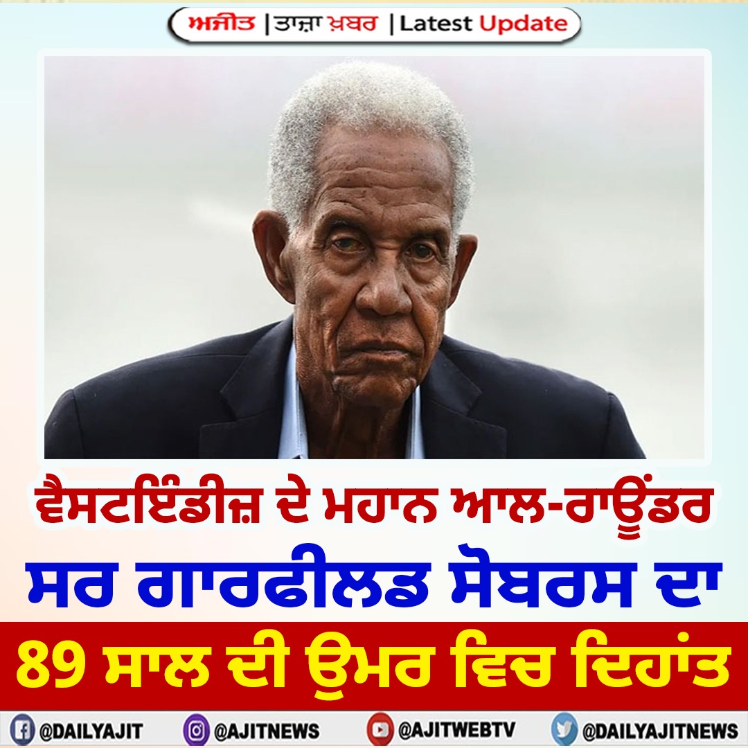  ਵੈਸਟਇੰਡੀਜ਼ ਦੇ ਮਹਾਨ ਆਲ-ਰਾਊਂਡਰ ਸਰ ਗਾਰਫੀਲਡ ਸੋਬਰਸ ਦਾ 89 ਸਾਲ ਦੀ ਉਮਰ ਵਿੱਚ ਦਿਹਾਂਤ 
