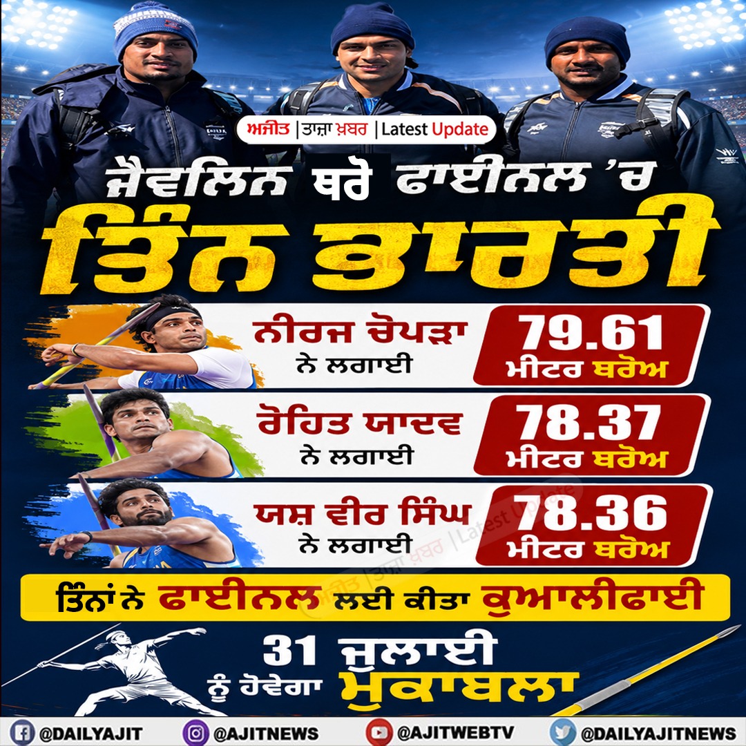 ਜੈਵਲਿਨ ਥਰੋ ਫਾਈਨਲ ’ਚ ਤਿੰਨ ਭਾਰਤੀਆਂ ਨੇ ਕੀਤਾ ਕੁਆਲੀਫਾਈ