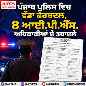 ਪੰਜਾਬ ਪੁਲਿਸ ਵਿਚ ਵੱਡਾ ਫੇਰਬਦਲ, 8 ਆਈ.ਪੀ.ਐੱਸ. ਅਧਿਕਾਰੀਆਂ ਦੇ ਤਬਾਦਲੇ