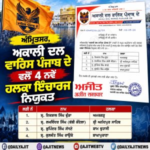 ਅਕਾਲੀ ਦਲ ਵਾਰਿਸ ਪੰਜਾਬ ਦੇ ਵਲੋਂ 4 ਨਵੇਂ ਹਲਕਾ ਇੰਚਾਰਜ ਨਿਯੁਕਤ