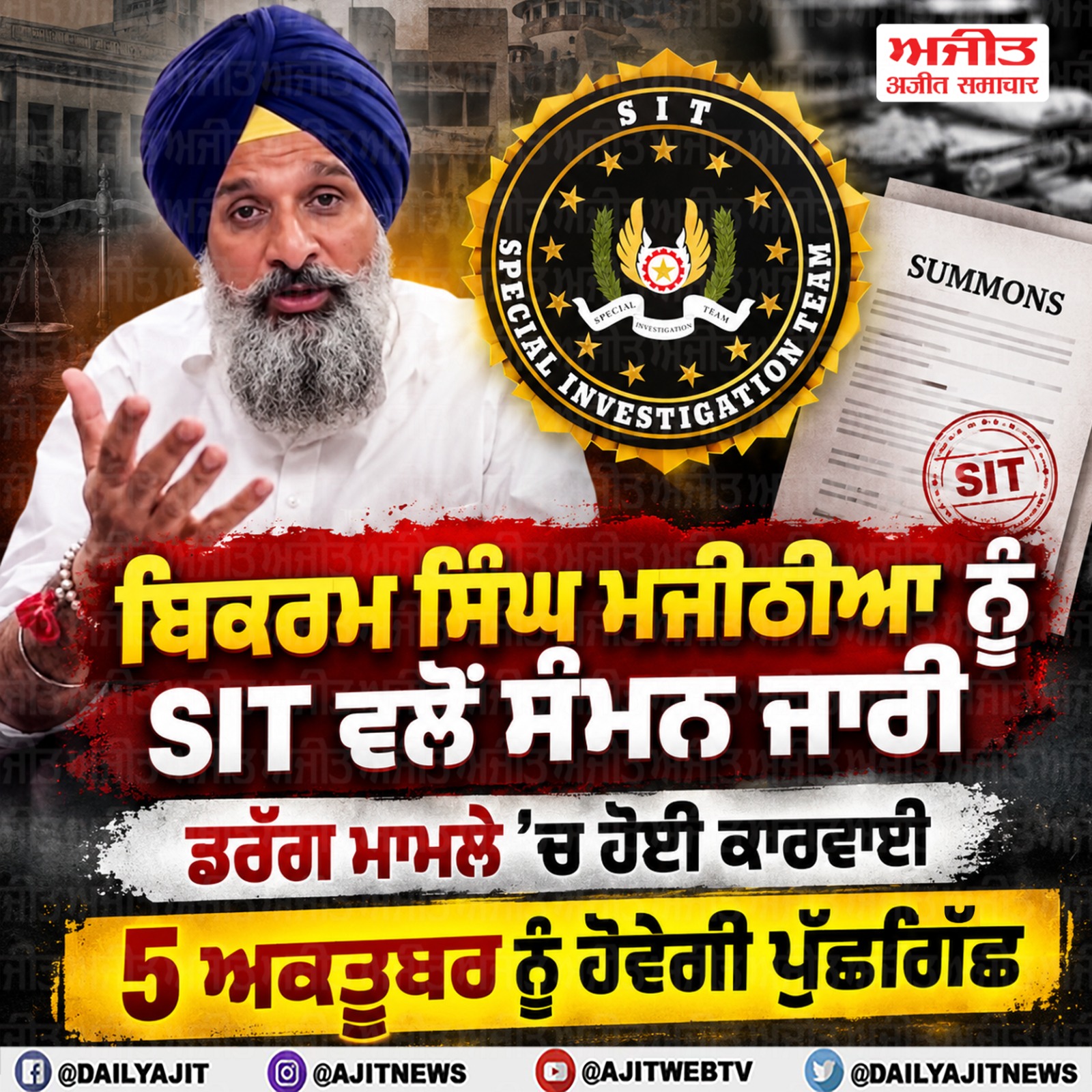 ਡਰੱਗ ਮਾਮਲੇ 'ਚ ਐੱਸ.ਆਈ.ਟੀ. ਵਲੋਂ ਬਿਕਰਮ ਸਿੰਘ ਮਜੀਠੀਆ ਨੂੰ ਸੰਮਨ