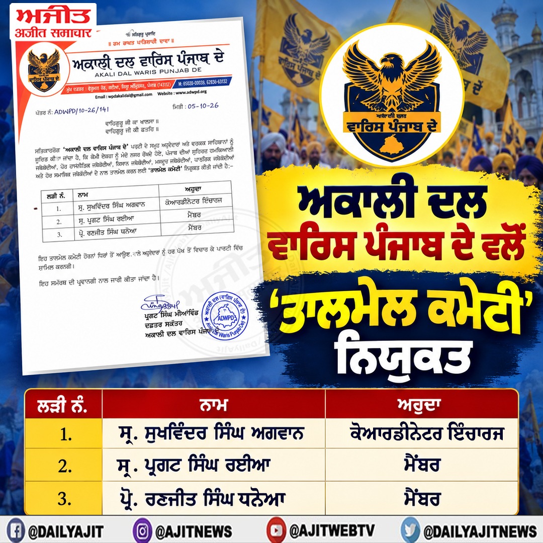 ਅਕਾਲੀ ਦਲ ਵਾਰਿਸ ਪੰਜਾਬ ਦੇ ਵਲੋਂ ‘ਤਾਲਮੇਲ ਕਮੇਟੀ' ਨਿਯੁਕਤ