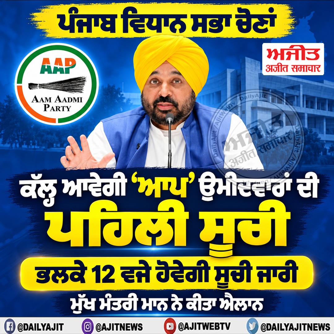 ਪੰਜਾਬ ਵਿਧਾਨ ਸਭਾ ਚੋਣਾਂ: ਕੱਲ੍ਹ ਆਵੇਗੀ ‘ਆਪ’ ਉਮੀਦਵਾਰਾਂ ਦੀ ਪਹਿਲੀ ਸੂਚੀ- ਮੁੱਖ ਮੰਤਰੀ ਮਾਨ
